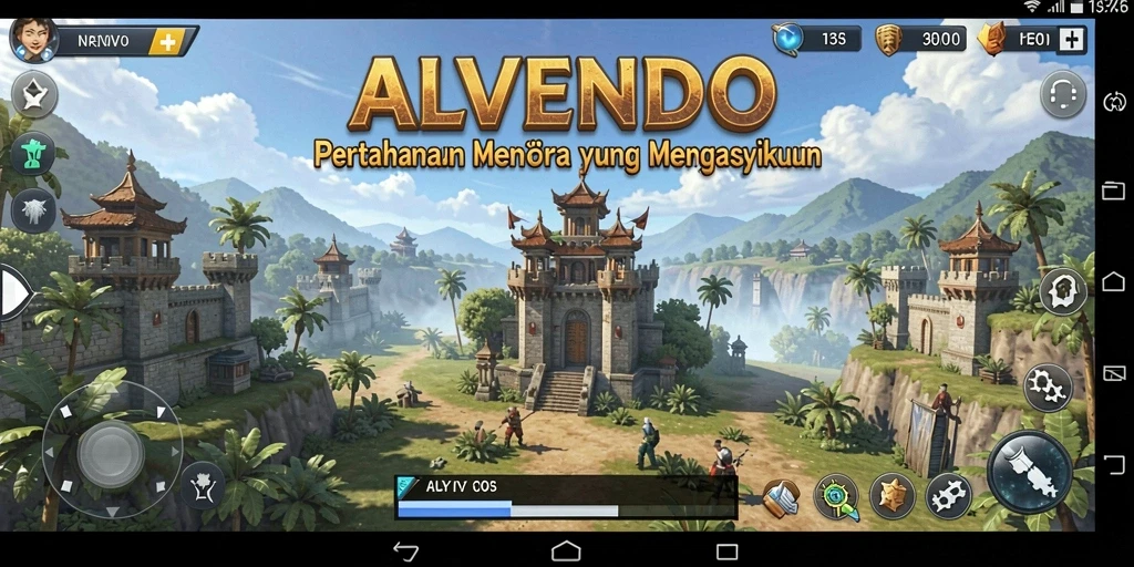 Menampilkan gameplay ALVENDO dalam pertarungan menara yang intens.