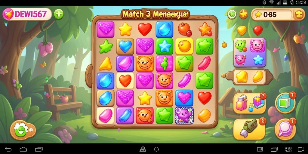 Screenshot gameplay DEWI567 menunjukkan suasana permainan Match-3 yang seru.
