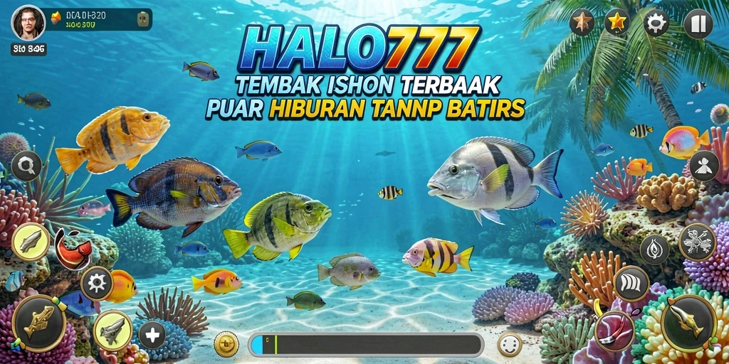Screenshot gameplay HALO777 dengan berbagai ikan berwarna-warni.