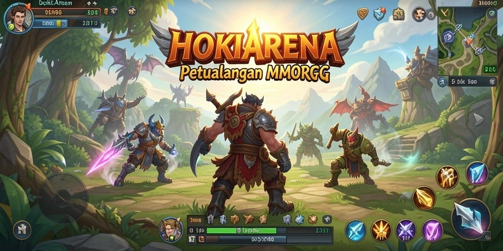 Screenshot HOKIARENA menampilkan pertempuran epik antara pemain dalam dunia MMORPG.