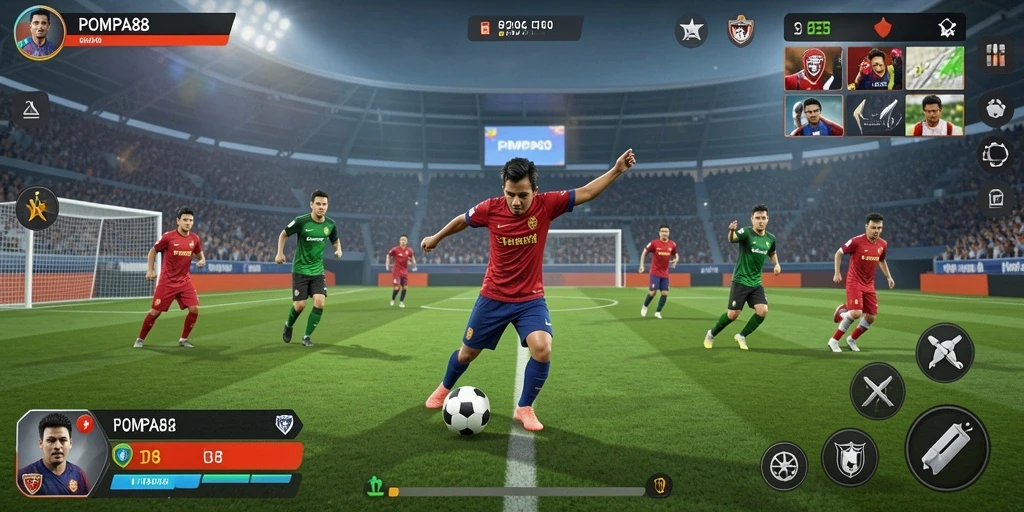 Tampilan gameplay POMPA88 dengan aksi di lapangan sepak bola.