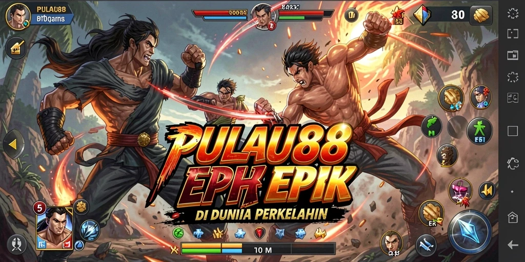 Screenshot PULAU88 menampilkan pertarungan intens dengan karakter berbeda.