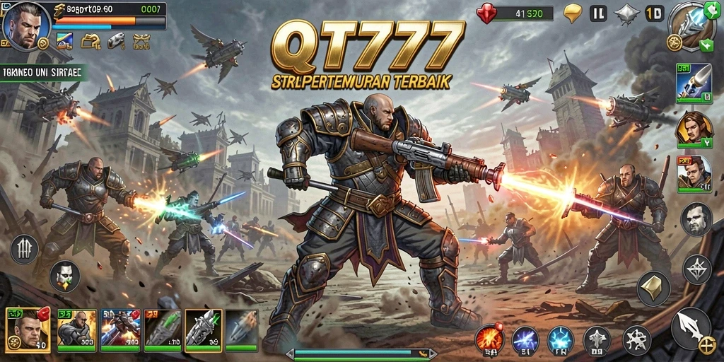 Tangkapan layar gameplay QT777 yang menunjukkan pertempuran strategis yang mendebarkan.