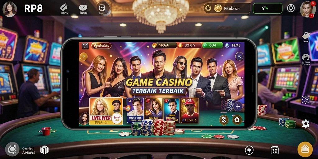 Screenshot gameplay RP8 menampilkan dealer langsung di meja kasino.