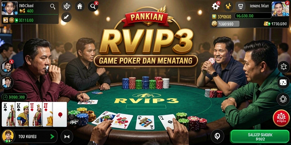 Screenshot gameplay RVIP3 menunjukkan meja poker yang intens dan menyenangkan.